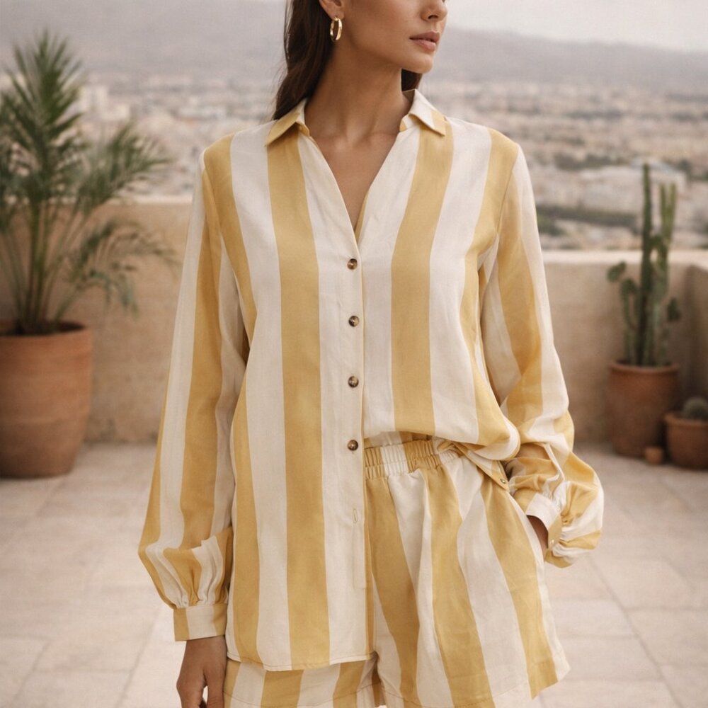 Never Fully Dressed Miley Shirt | Camel Stripe | US 22 (to 24) | Relaxed Fit